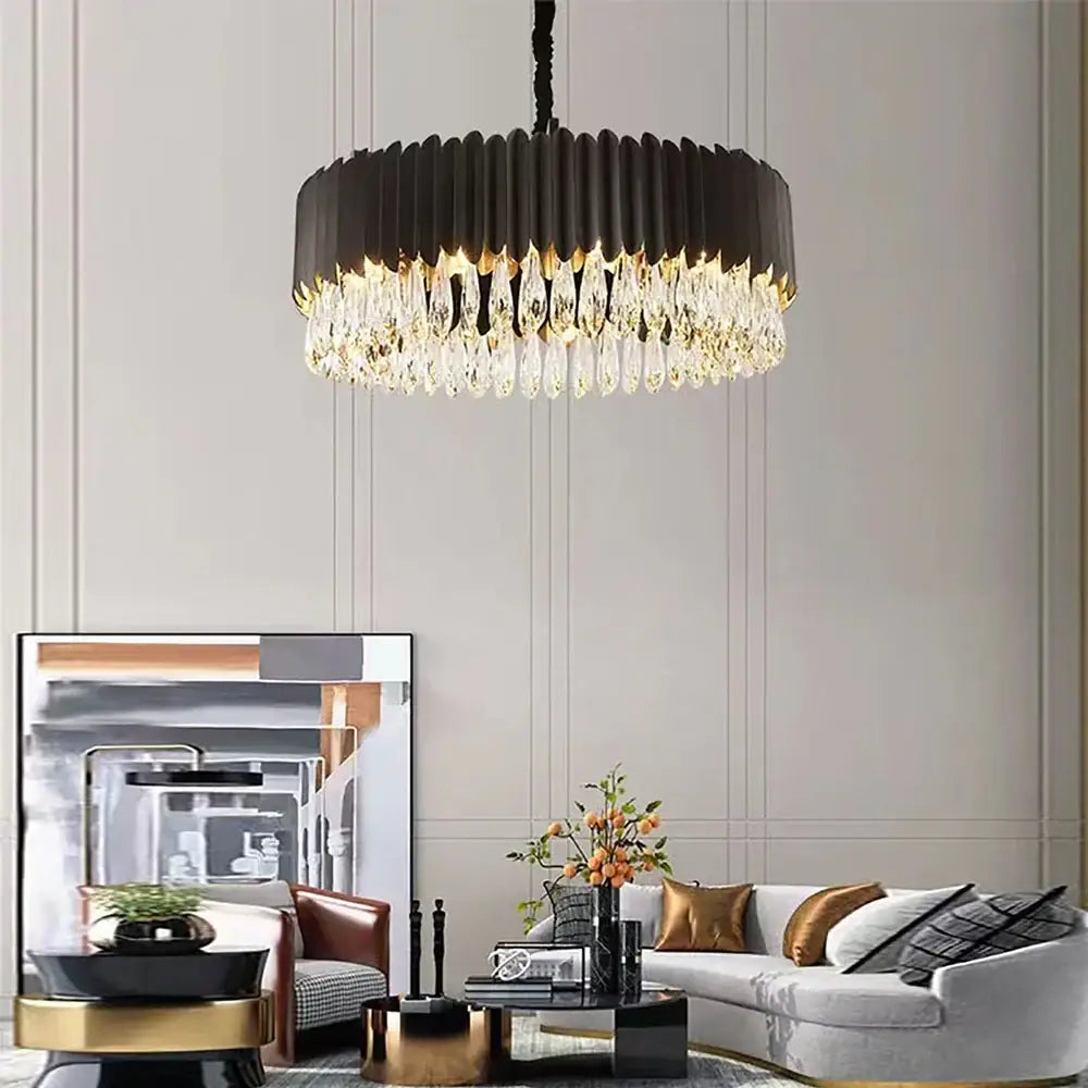 Modern black and gold dimmable led round ceiling chandeliers with decorbites crystal and fluted design for dining room decor