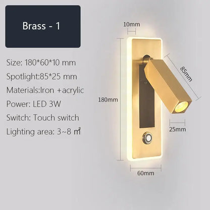 Brass-finished modern black and gold decorbites dimmable led wall sconce with rectangular base and adjustable angled head