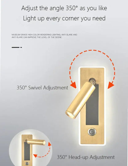 Modern black and gold dimmable led wall sconce with gold finished adjustable spotlight for bedroom reading light decorbites dimmable led