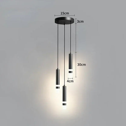 Modern black cylindrical pendant light fixture with three bulbs for kitchen use in 5 square meters area