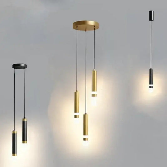 Modern black and gold double spotlight pendant light with sleek cylindrical shades and brushed metal finish for 5 square meters