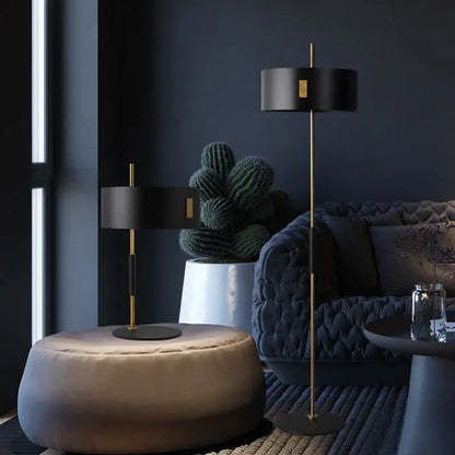 Modern black and gold floor lamp with decorbites black metal e27 bulb and slender brass pole for living room decor