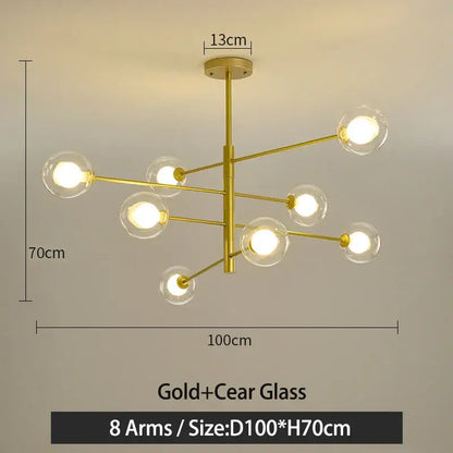 Modern black and gold g9 led chandelier with eight clear glass globe bulbs by decorbites black gold for living room decor