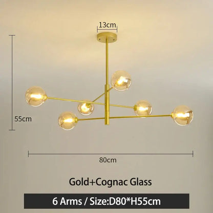 Modern black and gold g9 led chandelier with six gold finished arms and cognac glass globes for living room decorbites black gold