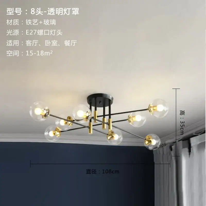 Modern black and gold glass ball led chandelier with eight clear glass globe shades and iron base for living room decorbites glass ball