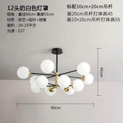 Modern black and gold decorbites glass ball led chandelier with twelve frosted glass spheres for living room light