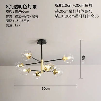 Modern black and gold glass ball led chandelier with eight clear glass globe shades and black metal arms for living room decorbites glass ball