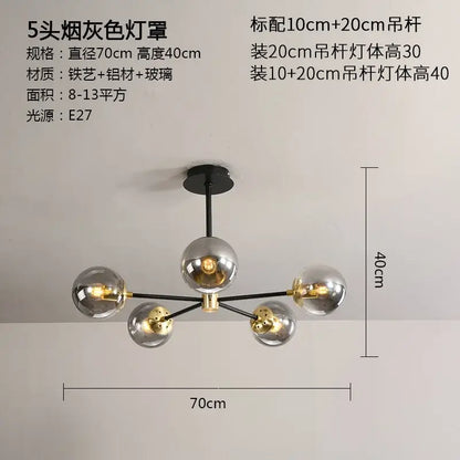 Modern five-head smoke-gray glass ball led chandelier with black and brass metal frame for living room decorbites glass ball