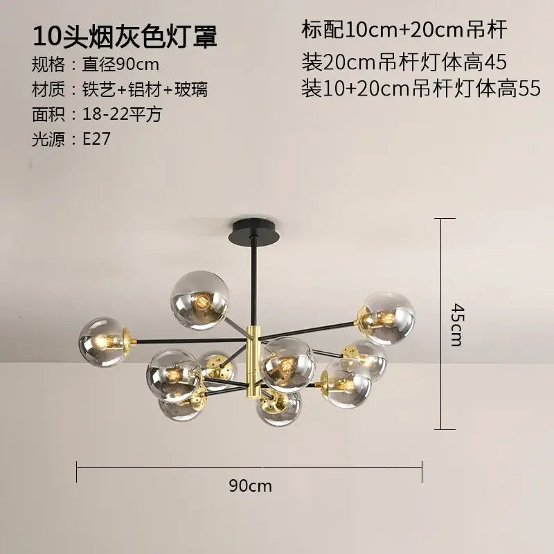 Modern black and gold glass ball led chandelier with ten smoked glass globes and black metal arms for living room decorbites glass ball