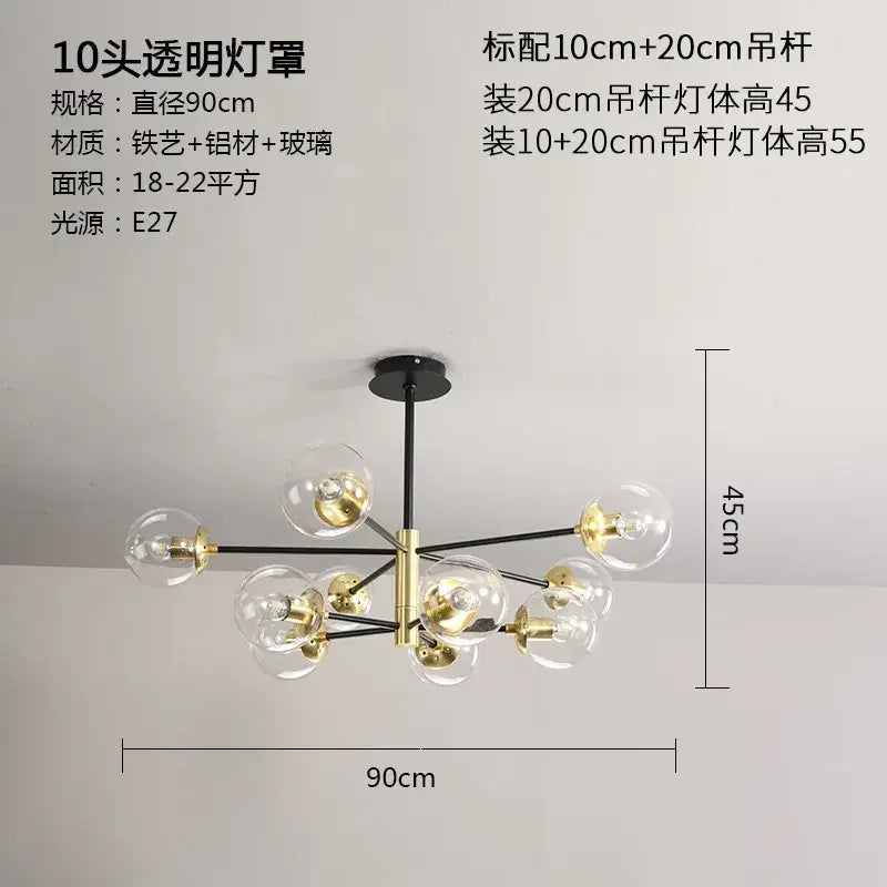 Modern black and gold glass ball led chandelier with ten clear glass globe shades and brass-finished metal arms for decorbites glass ball lighting