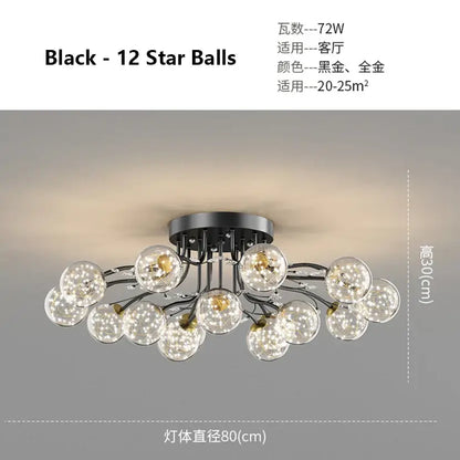 Modern black and gold decorbites glass bubble ceiling light with 12-star clear glass orbs and metallic base for living room