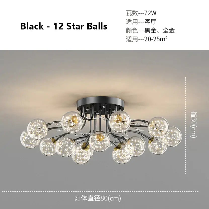 Modern black 12-star bubble ball ceiling light with clear glass orbs and sleek metallic base for decorbites glass decor