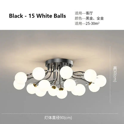 Modern black and gold decorbites glass bubble ball ceiling light with 15 white bulbs in a branching design for living room