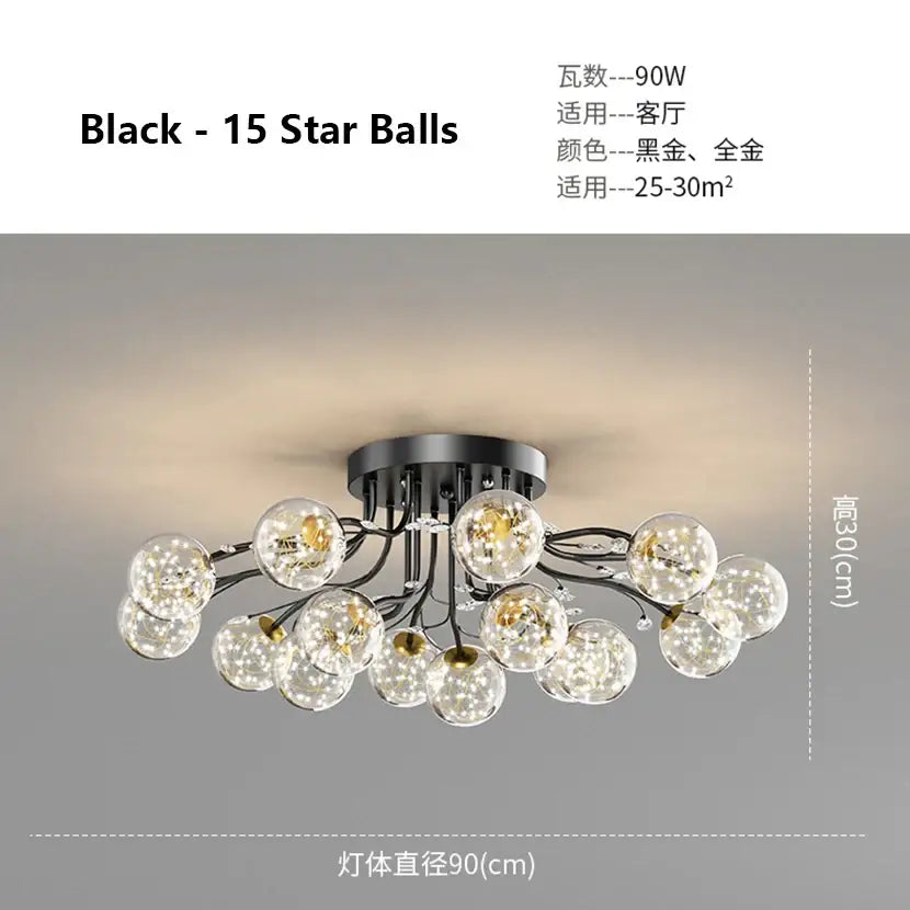 Modern black and gold decorbites glass bubble ball ceiling light with 15-star metallic arms for living room decor