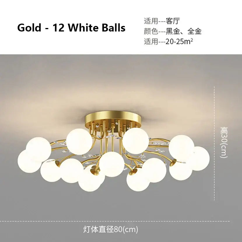 Modern black and gold decorbites glass bubble ball ceiling light with twelve white bulbs and crystal accents for living room decor