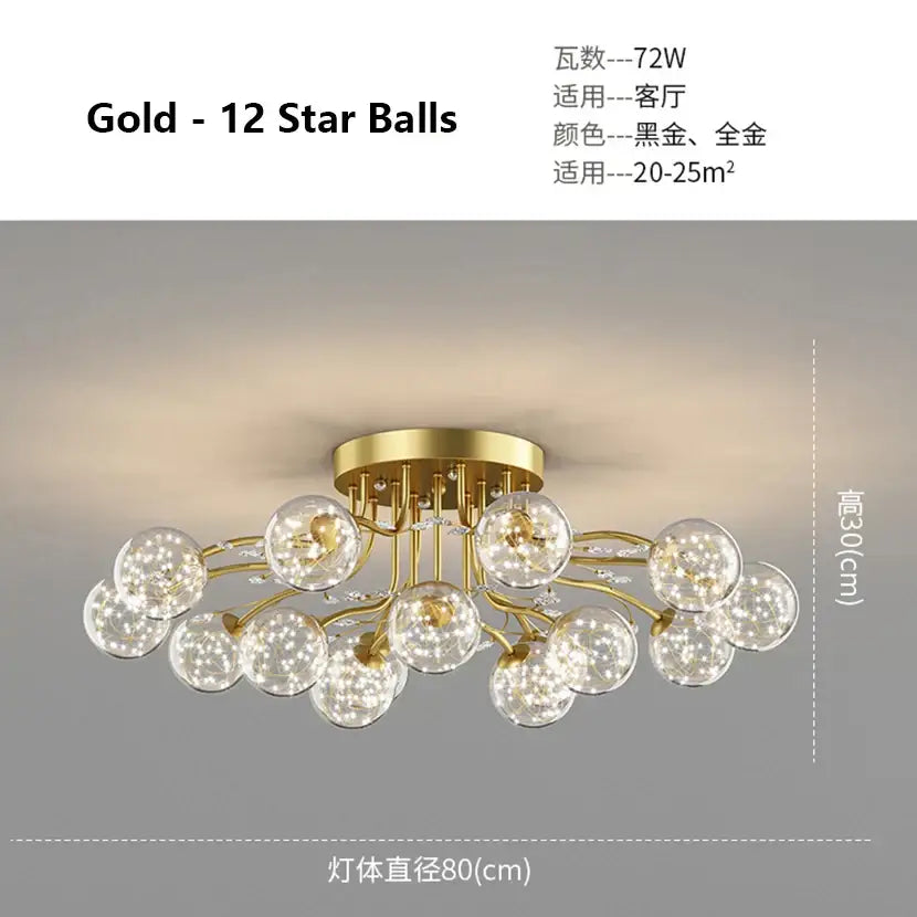 Gold-colored decorbites glass bubble ball ceiling light with twelve clear glass bulbs in starburst pattern for living room