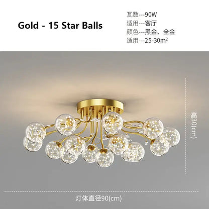 Modern black and gold glass bubble ball ceiling light with fifteen clear glass bulbs in starburst pattern for living room decorbites ceiling light