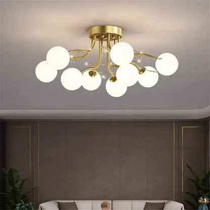 Gold-toned ceiling light with frosted glass bubble ball bulbs and crystal accents for modern decorbites glass living room decor