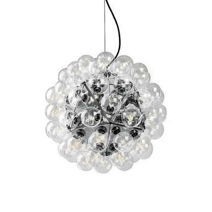 Modern black and gold glass dandelion led chandelier featuring clear glass globe pendant light with chrome frame and black cord
