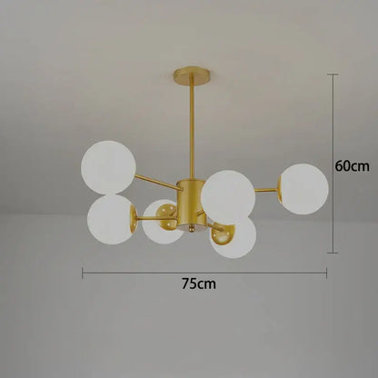 Modern black gold glass pendant light with six frosted glass spheres in a symmetrical branching design by decorbites black gold