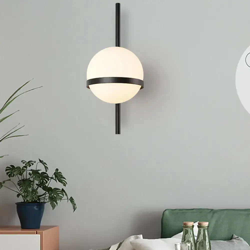 Modern spherical wall sconce with black metal frame frosted glass shade for bedroom e26 e27 light type black gold accents