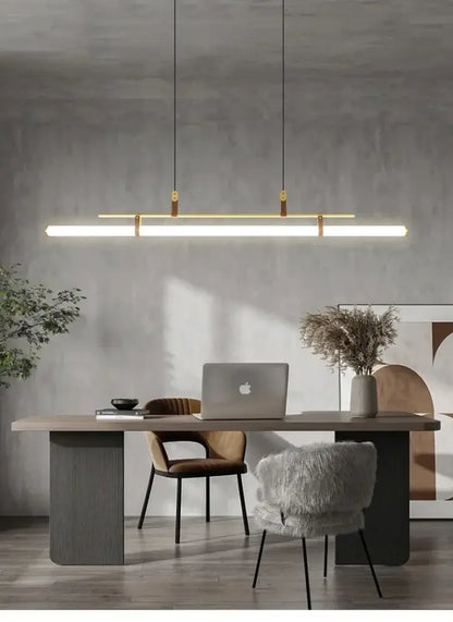 Modern black gold leather tube led pendant light with elongated rectangular design and warm white illumination for dining room