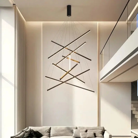 Modern black and gold linear decorbites led black ceiling chandelier with intersecting rods for dining room light