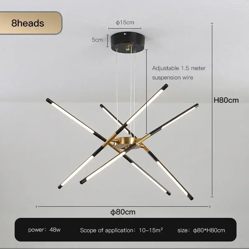 Modern black and gold led ceiling chandelier with eight arms and a brass hub for stylish decorbites black led lighting