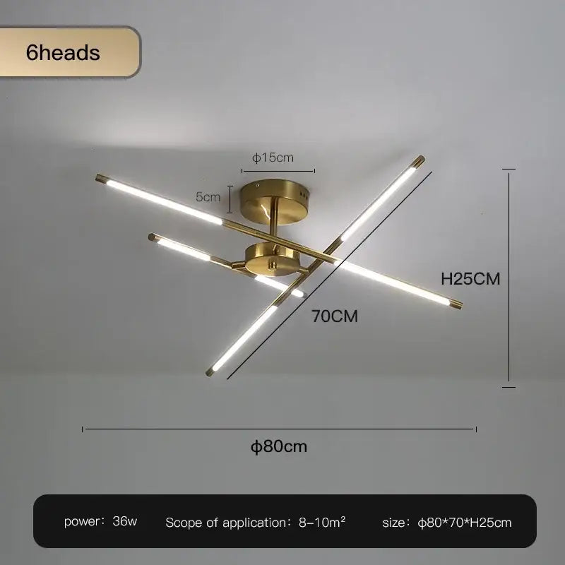 Modern black and gold led ceiling chandelier with six illuminated gold-finished rods for living room decorbites black led