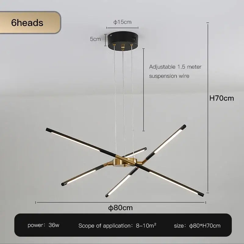 Modern black and gold six-head led ceiling chandelier with adjustable suspension for decorbites black led living room light