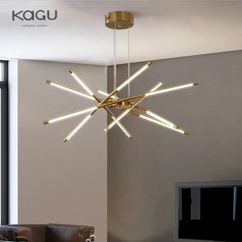 Modern black and gold led ceiling chandelier with intersecting gold-toned light bars for living room decorbites black led