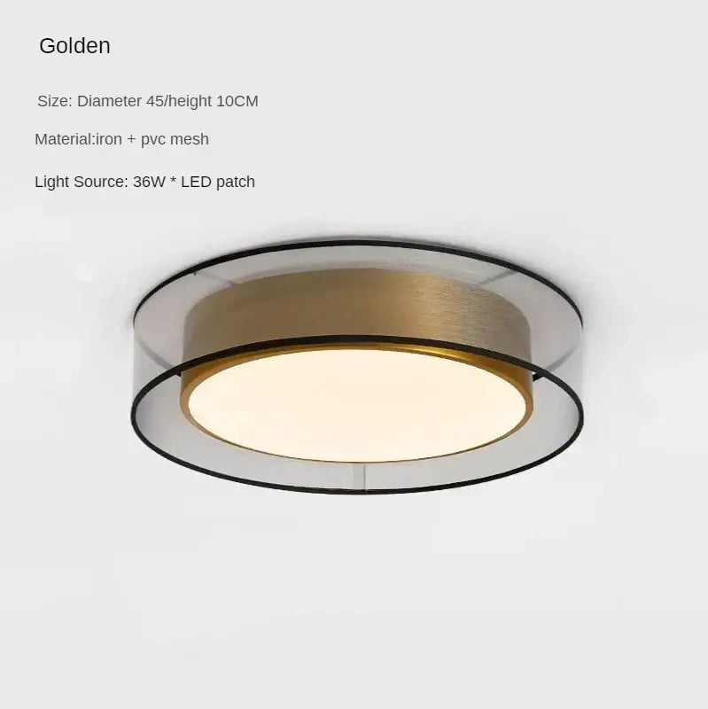 Modern black and gold led ceiling light with iron and pvc mesh design featuring an illuminated led patch for living room