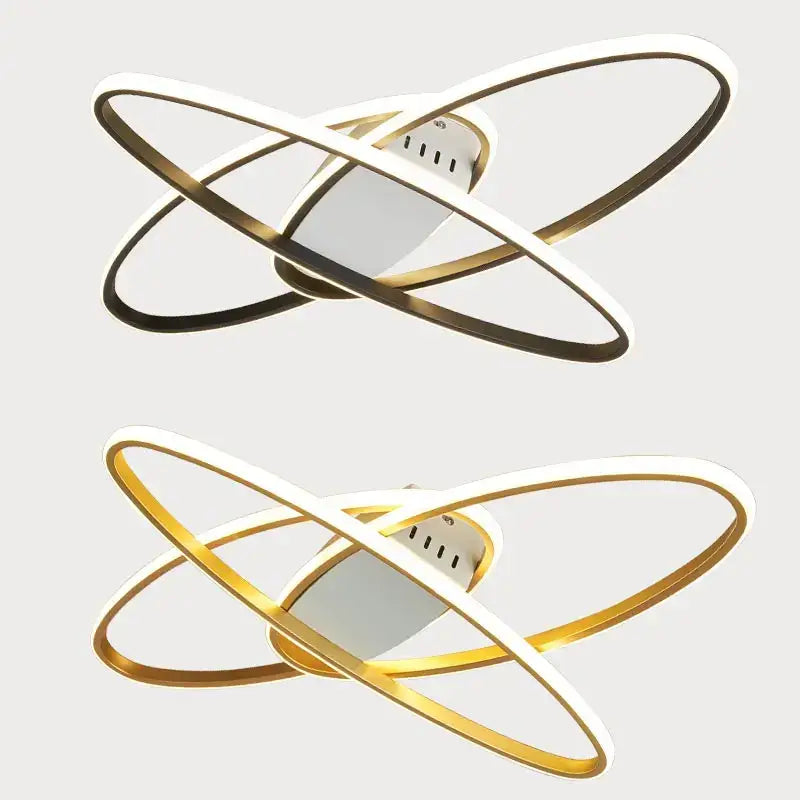Modern black and gold led chandelier ceiling light with intersecting circular rings in sleek decorbites black led design