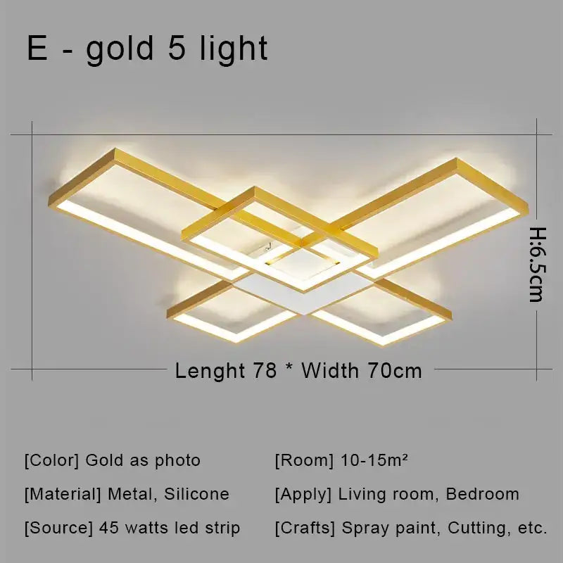 Gold-colored modern ceiling light fixture with geometric intersecting rectangles for decorbites black led chandelier lighting