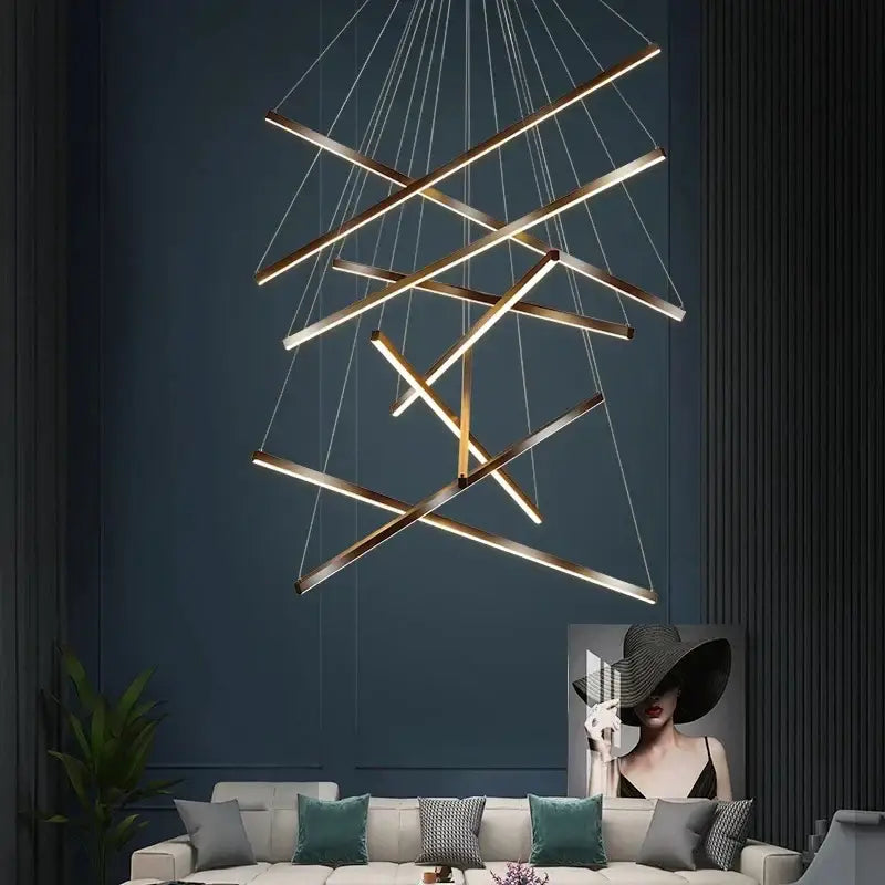 Modern black and gold led chandelier with intersecting metal bars for staircase living room decorbites black stair lighting