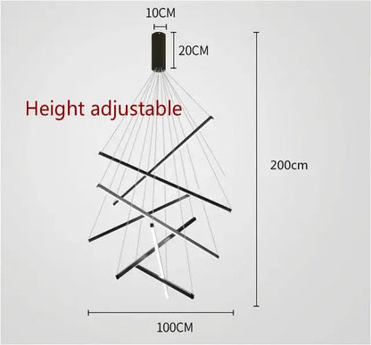 Modern black and white height-adjustable led chandelier with intersecting rods for decorbites black stair lighting
