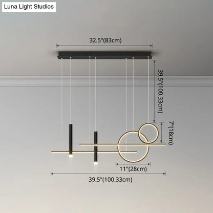 Modern black and gold metal dinner suspension lamp with intersecting circles and vertical bars led island pendant