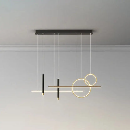 Modern black and gold geometric metal dinner suspension lamp with intersecting circles and led island pendant design