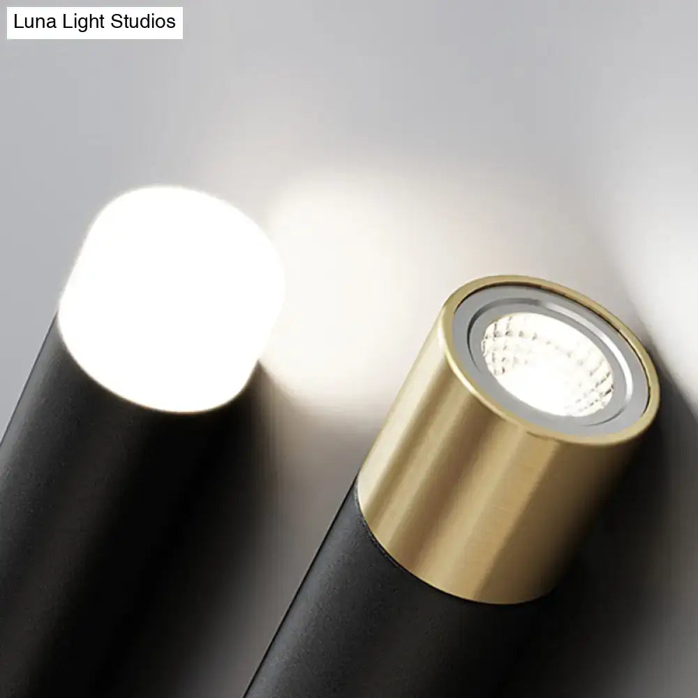 Modern cylindrical dinner suspension lamp with black matte finish and gold accent ring led island pendant light