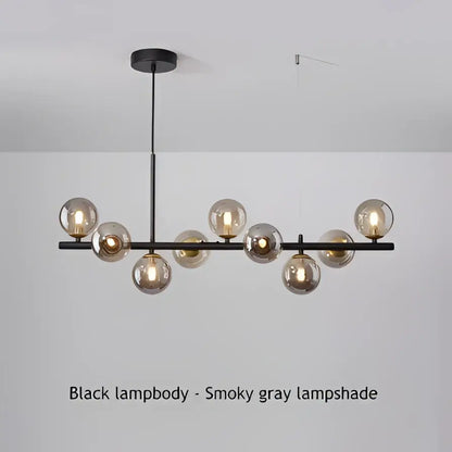 Modern black and gold led pendant chandelier with black led and smoky gray glass globe shades for living room lighting