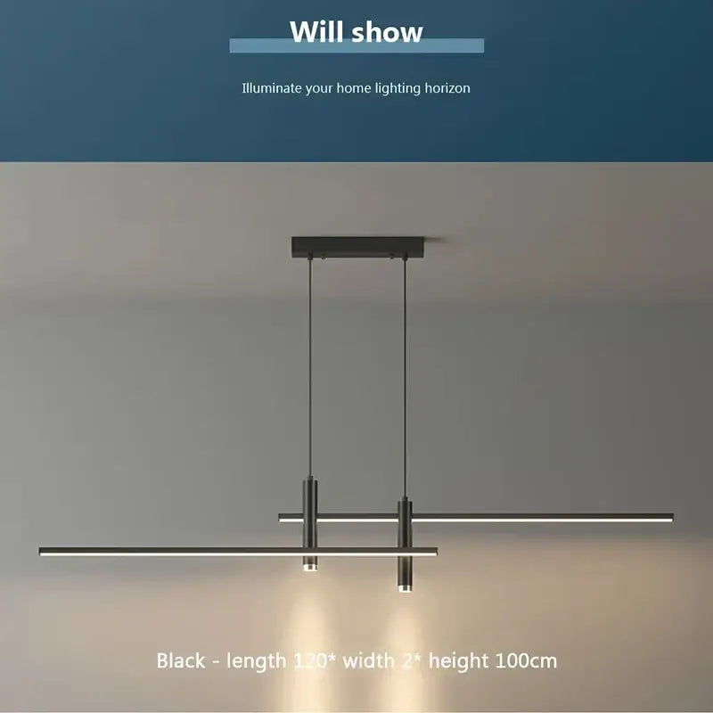 Modern black and gold led pendant light with sleek linear design and two horizontal led bars for dining room use