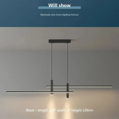 Modern black and gold led pendant light with sleek linear design and two horizontal led bars for dining room use