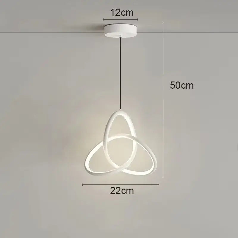 Modern white led pendant light with three interlocking circular rings for dining room featuring a sleek triple ring design