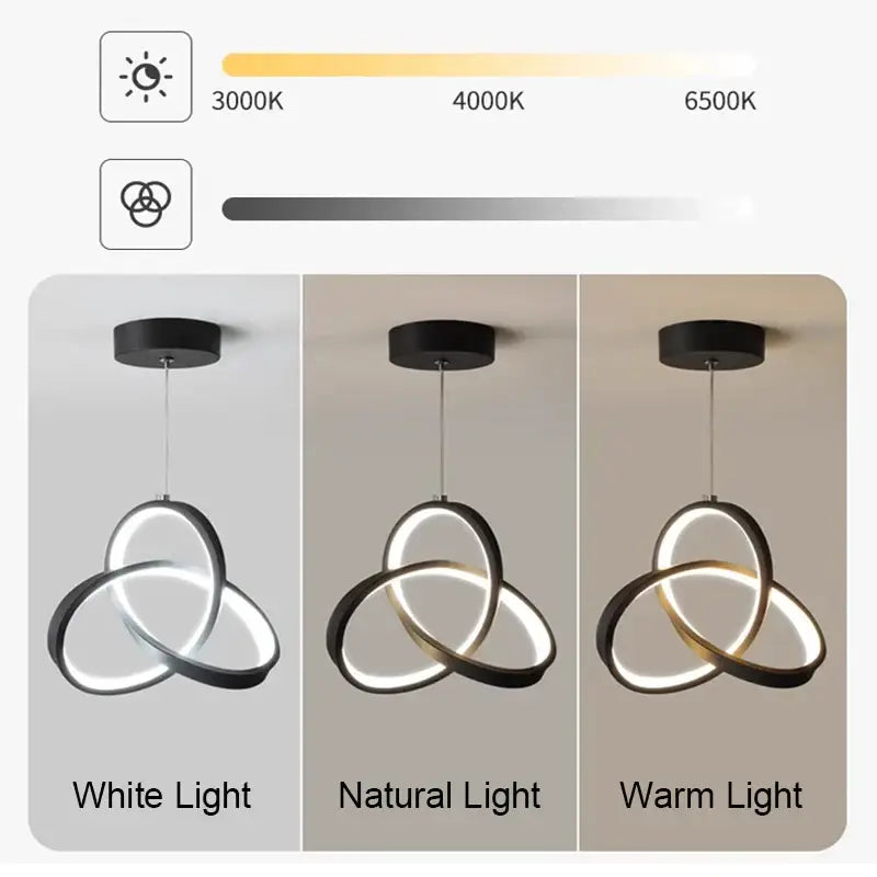 Modern black and gold led pendant light with three interlocking rings and adjustable color temperature settings for dining room