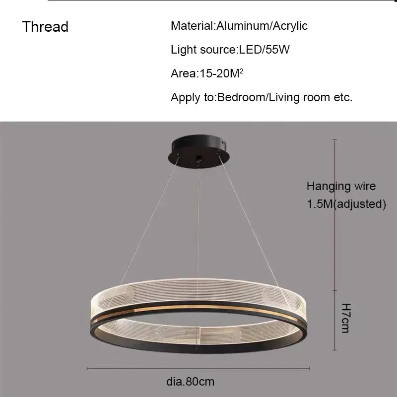 Modern black gold led pendant light with sleek black aluminum acrylic frame and subtle gold accent bands for dining room