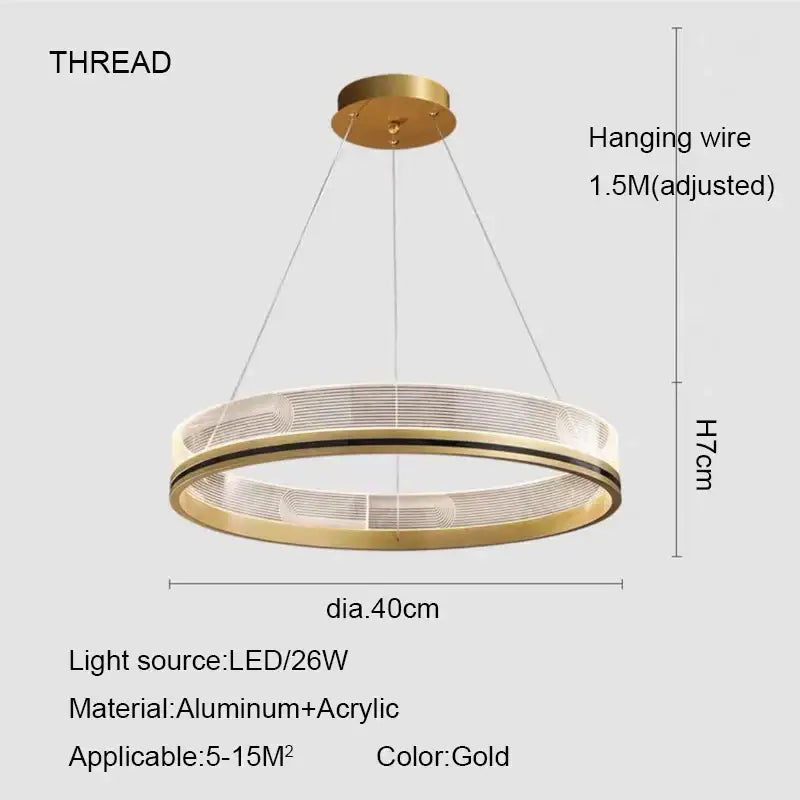 Gold circular led chandelier pendant light with aluminum and acrylic construction for modern black gold led dining room