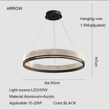 Black circular led pendant light with textured aluminum and acrylic ring in modern black gold led dining room design