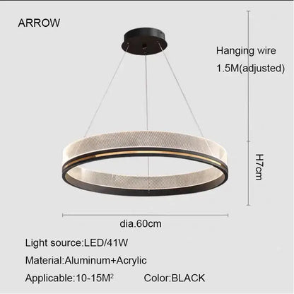 Modern black gold led pendant light featuring a black circular chandelier with sleek aluminum and acrylic textured ring design