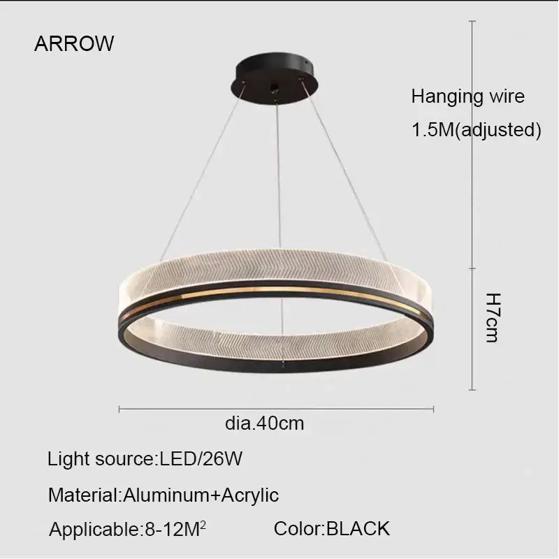 Modern black gold led pendant light featuring a 40cm aluminum and acrylic circular design for dining rooms