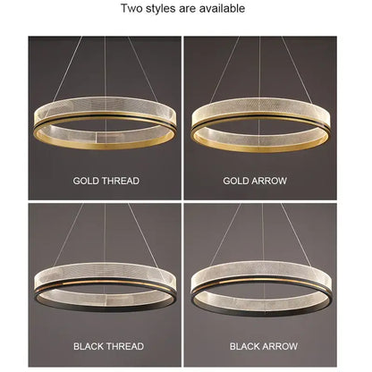 Modern black and gold led pendant light with circular mesh design in gold thread gold arrow black thread and black arrow patterns